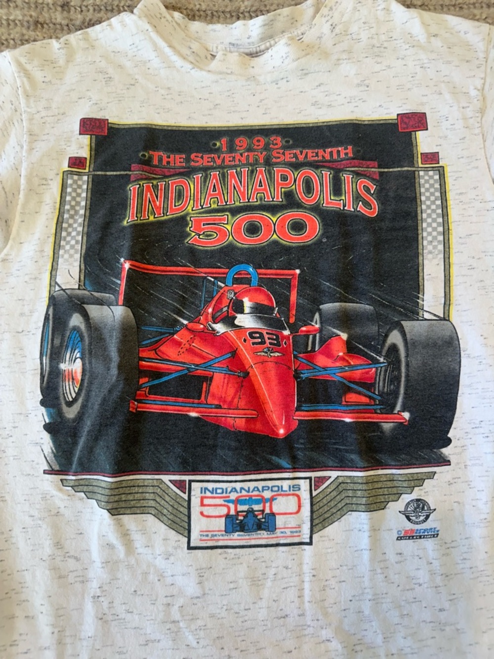 Vintage 1993 Indianapolis 500 Graphic Race Car Tee - White with Red Print
